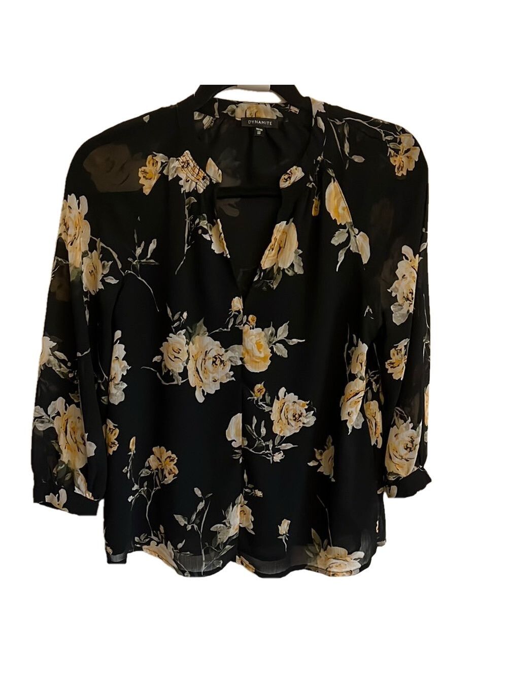 Dynamite Black and Gold Graphic Blouse with 3/4 Sleeves